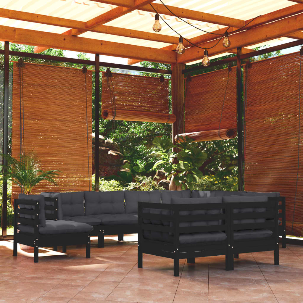 Salon de jardin 9 pcs avec coussins Noir Bois de pin solide