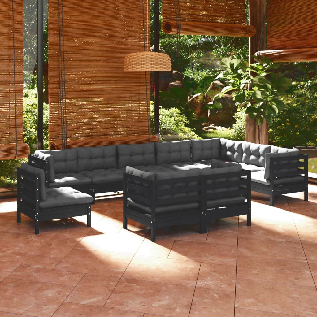 10 pcs garden furniture with black pine wood cushions