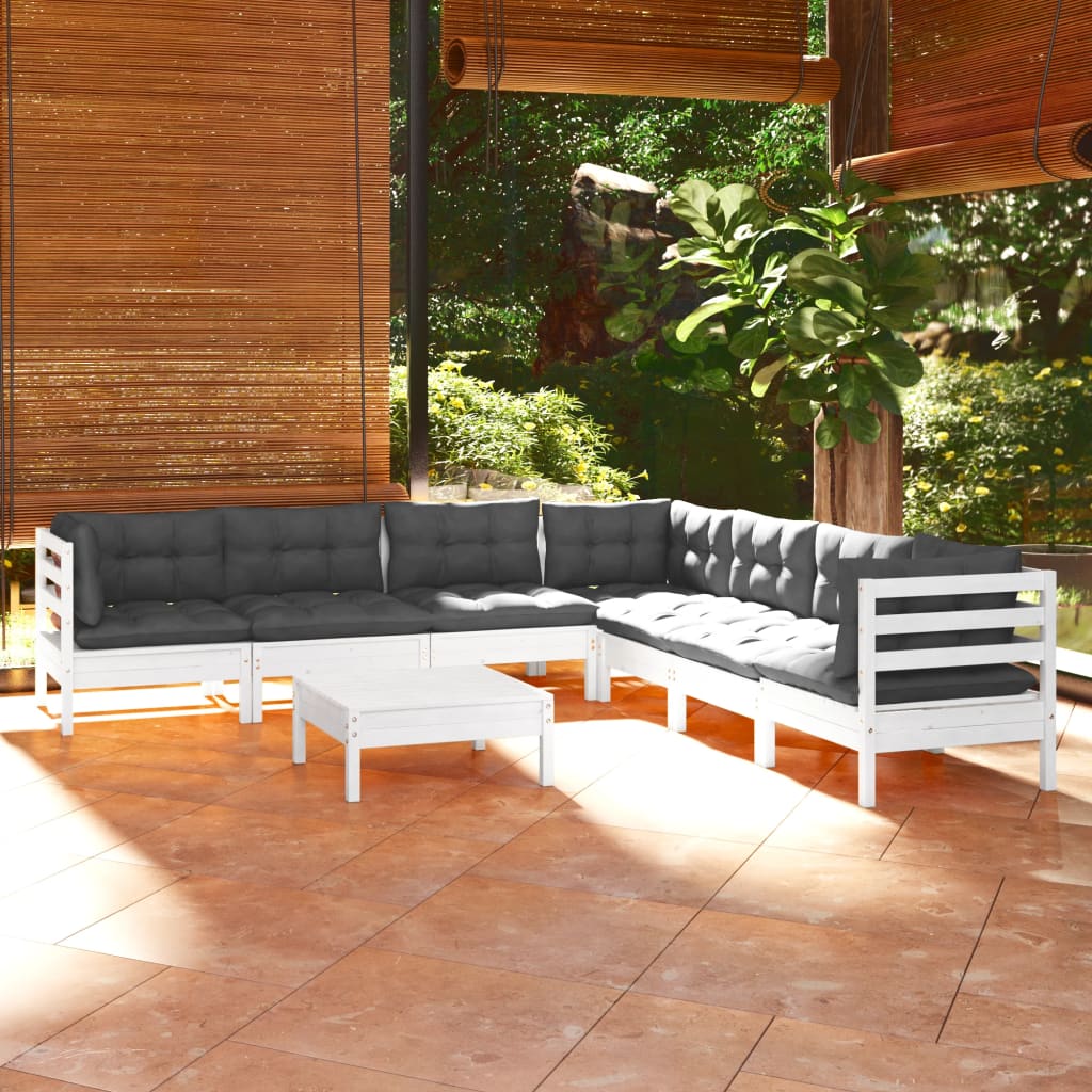 8 pcs garden furniture with white pine wood white cushions