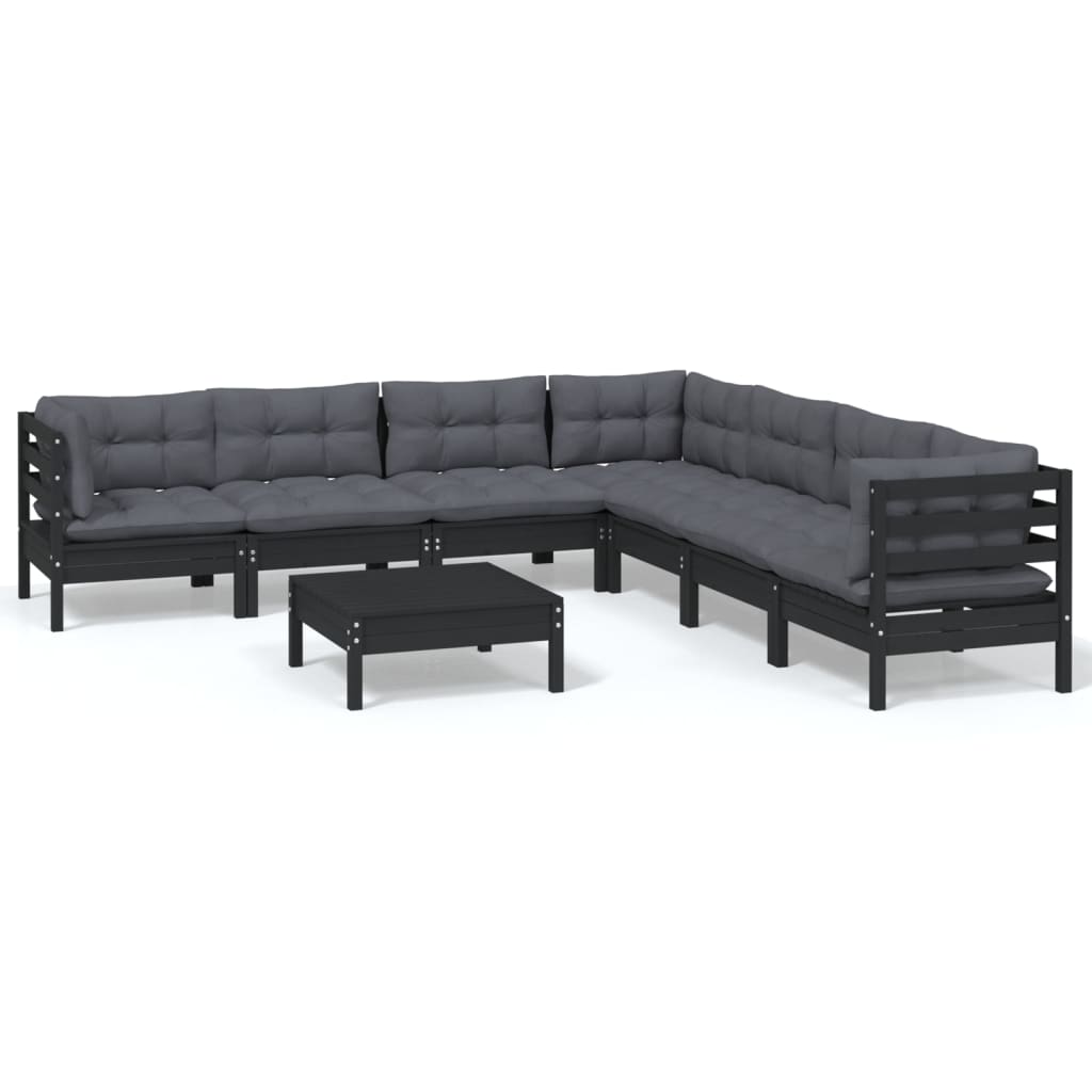 8 pcs garden furniture with black pine wood cushions