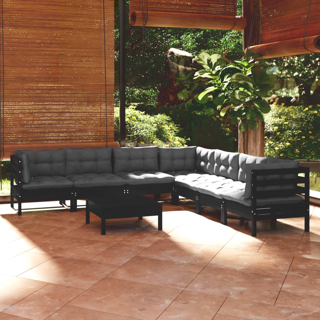 Salon de jardin 8 pcs avec coussins Noir Bois de pin solide