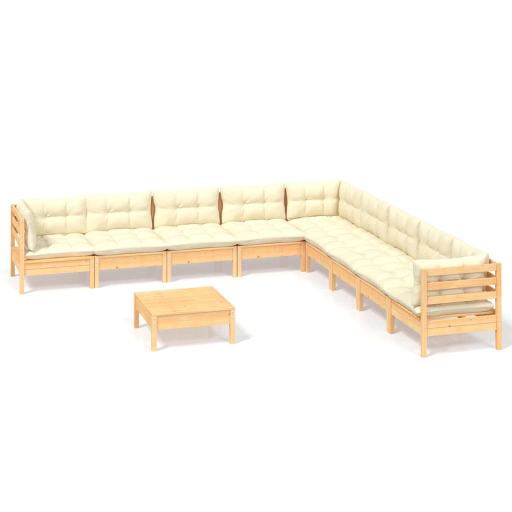 10 pcs garden furniture with solid wood pine cream cushions