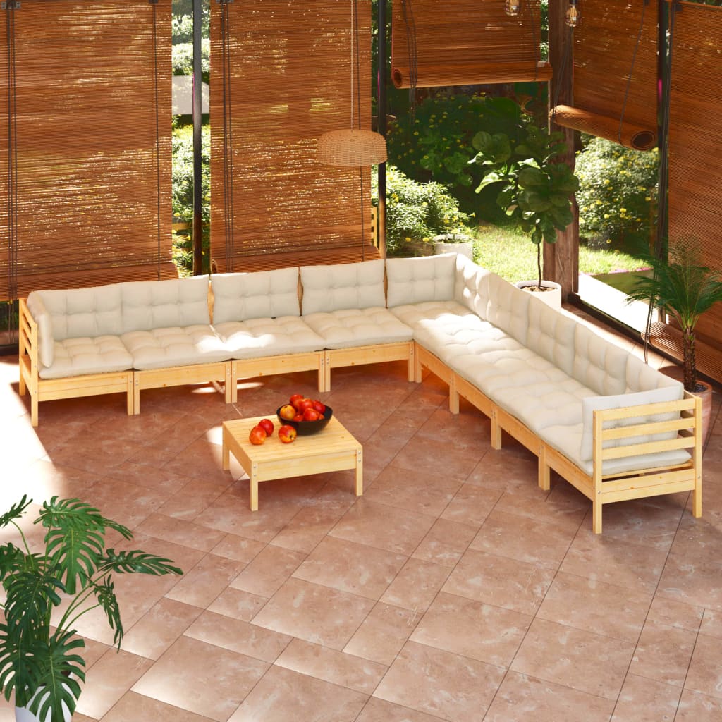 Mobili da giardino 10 pezzi con cuscini color crema. Legno di pino massiccio