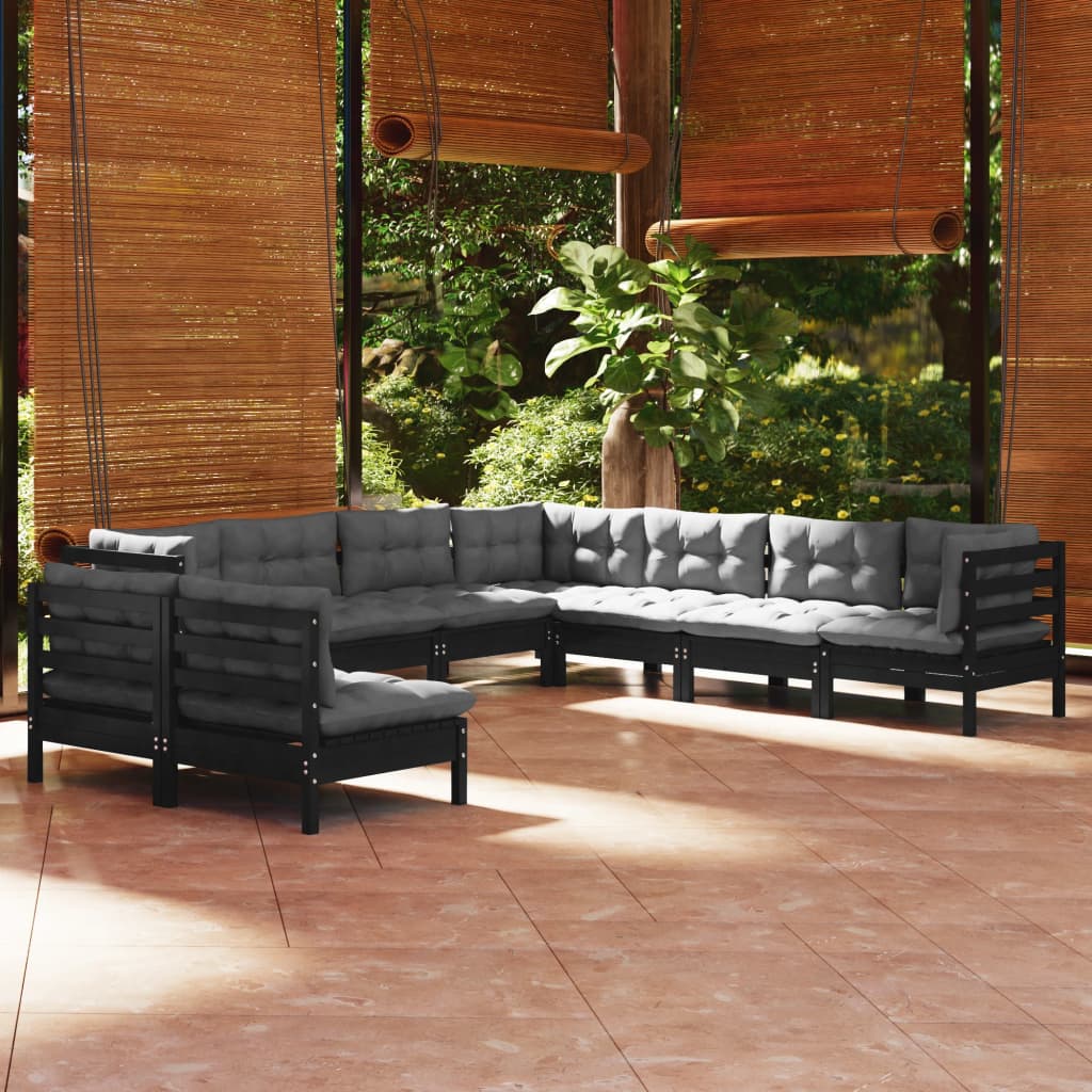 Salon de jardin 9 pcs avec coussins Noir Bois de pin solide