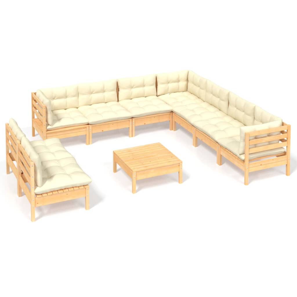 10 pcs garden furniture with solid wood pine cream cushions