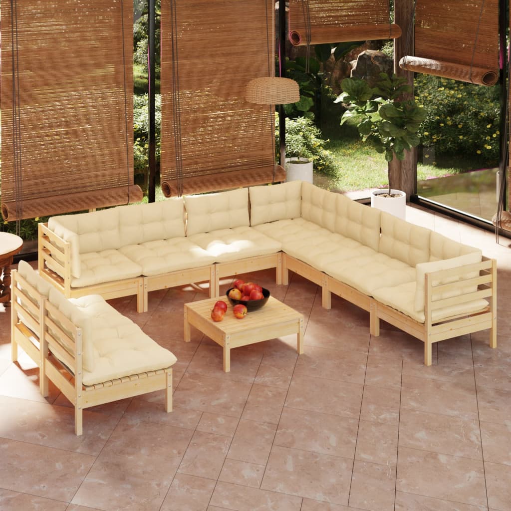 Mobili da giardino 10 pezzi con cuscini color crema. Legno di pino massiccio