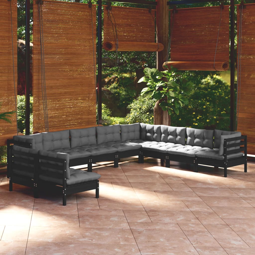 Salon de jardin 10 pcs avec coussins Noir Bois de pin solide