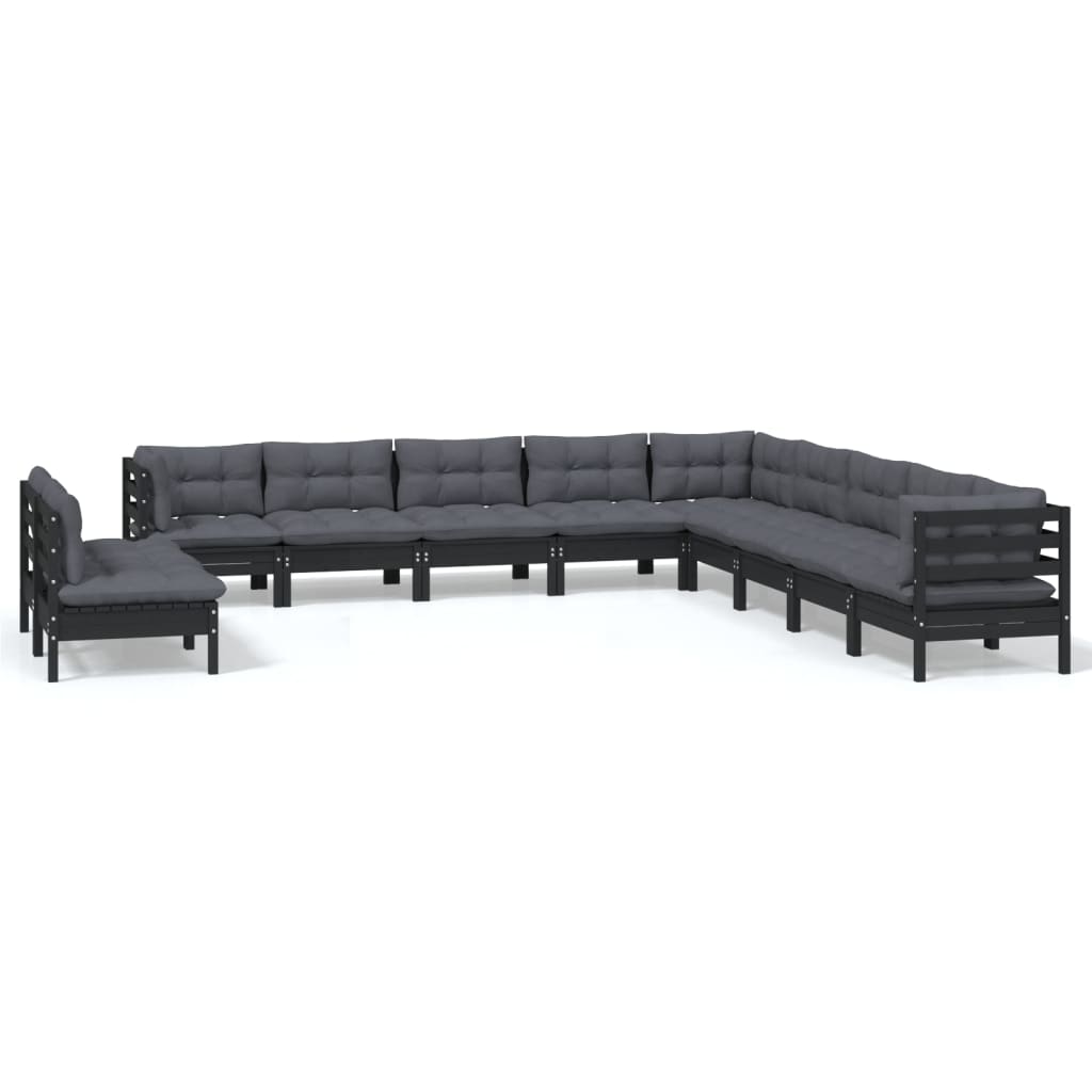 Garden furniture 11 pcs with black pine wood cushions