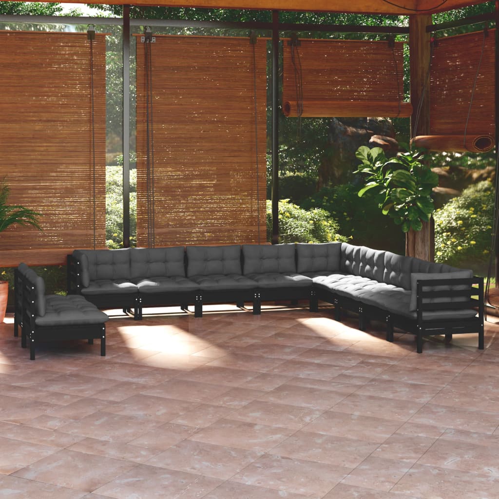 Salon de jardin 11 pcs avec coussins Noir Bois de pin solide