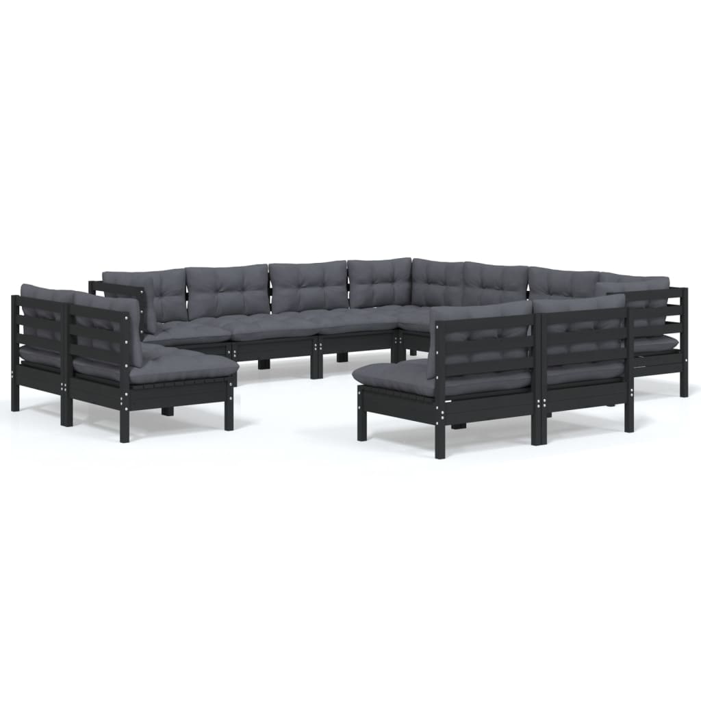 Garden furniture 11 pcs with black pine wood cushions