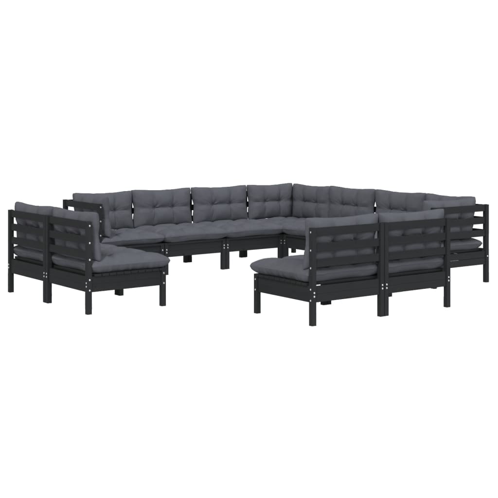 Salon de jardin 11 pcs avec coussins Noir Bois de pin solide