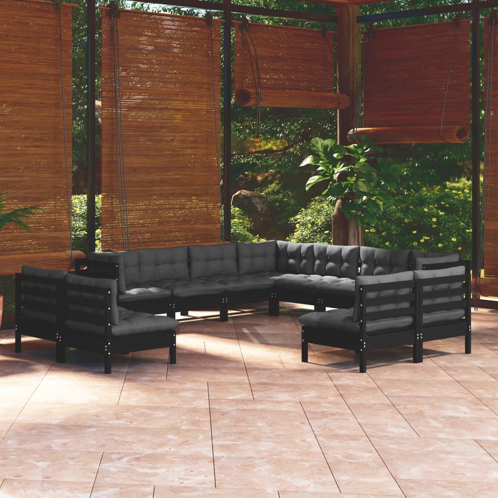 Salon de jardin 11 pcs avec coussins Noir Bois de pin solide