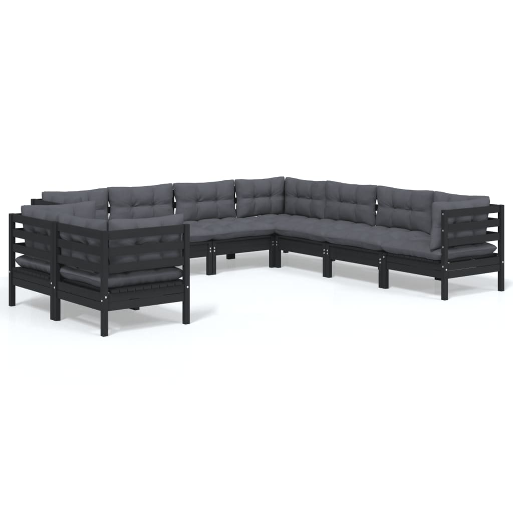 Salon de jardin 9 pcs avec coussins Noir Bois de pin massif