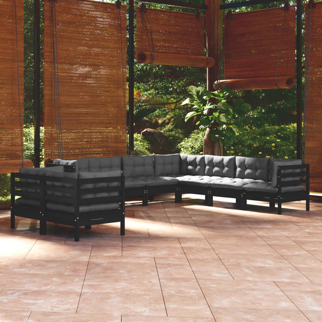 Salon de jardin 9 pcs avec coussins Noir Bois de pin massif