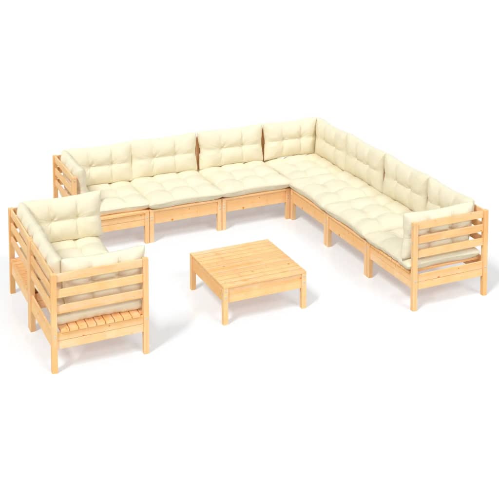 10 pcs garden furniture with solid wood pine cream cushions