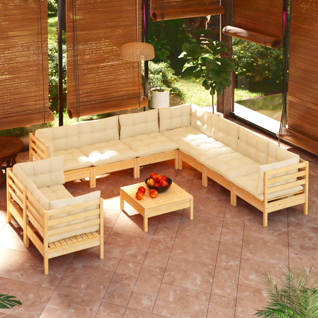 10 pcs garden furniture with solid wood pine cream cushions