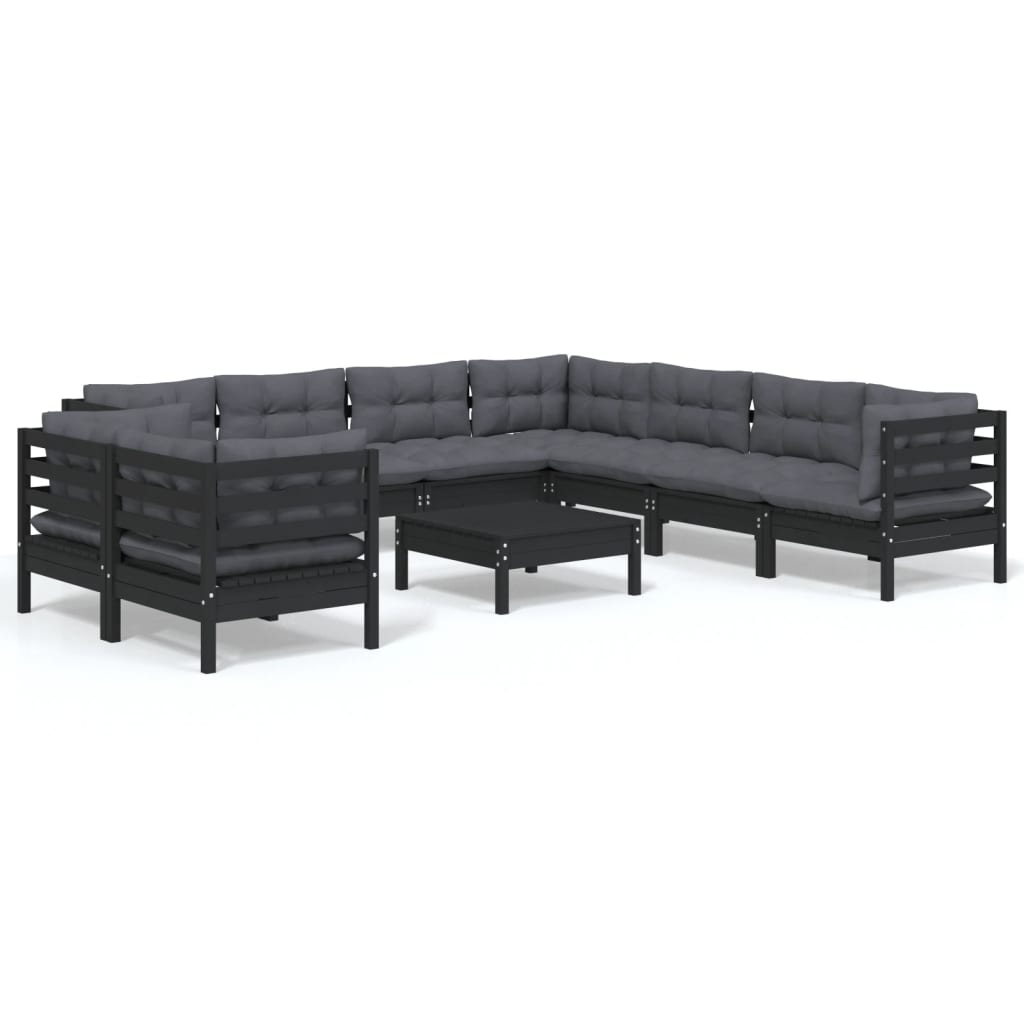 10 pcs garden furniture with black pine wood cushions