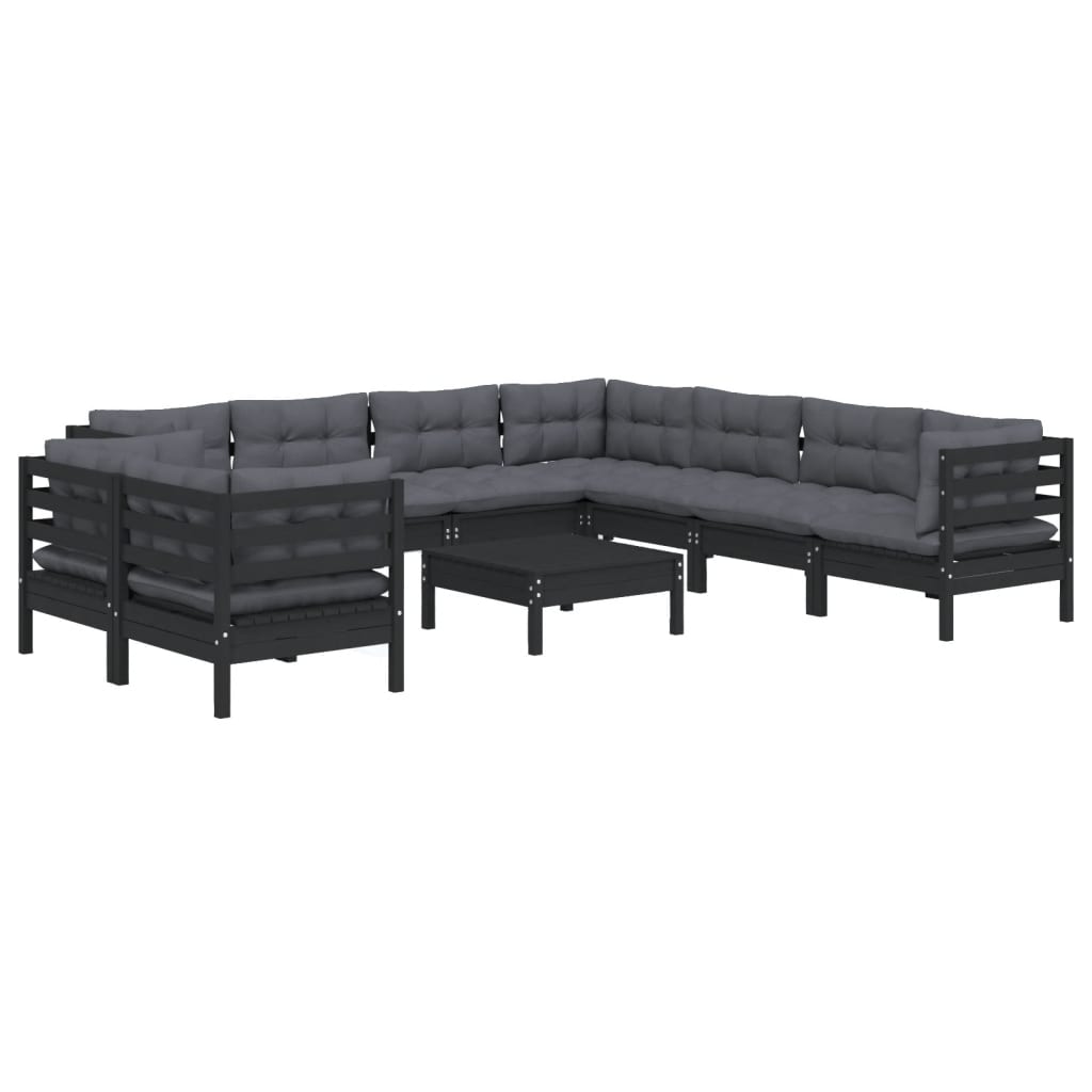 10 pcs garden furniture with black pine wood cushions