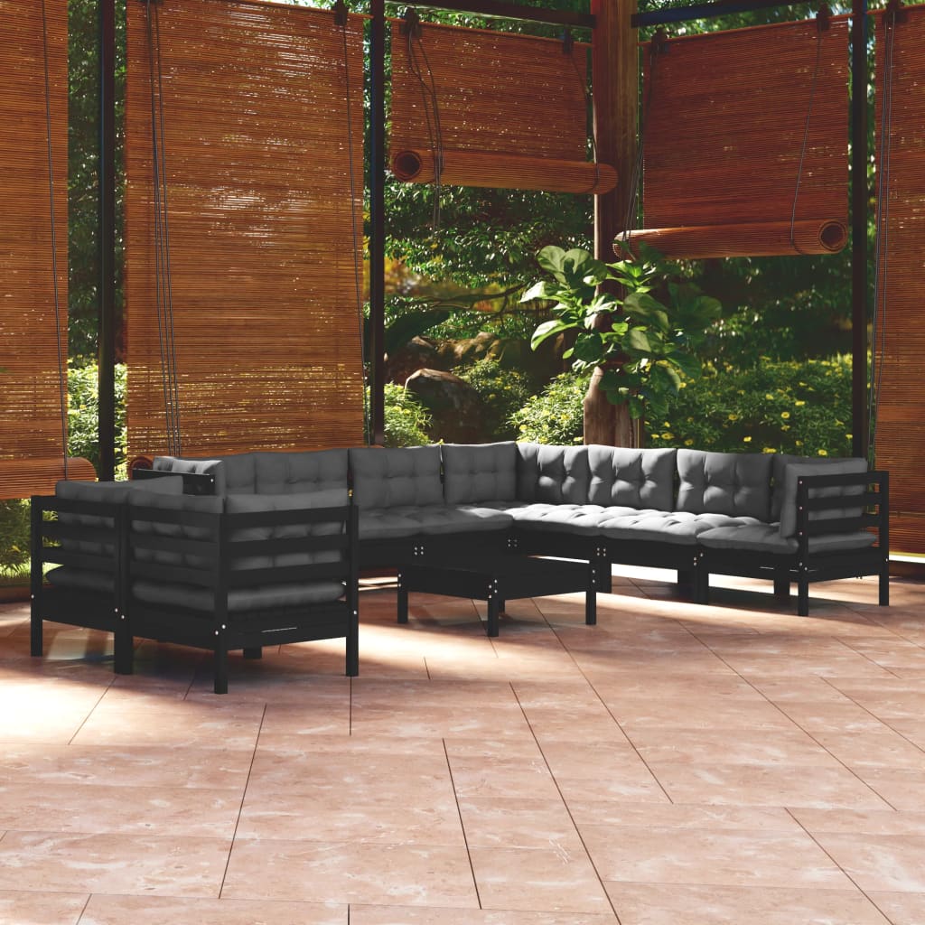 Salon de jardin 10 pcs avec coussins Noir Bois de pin massif