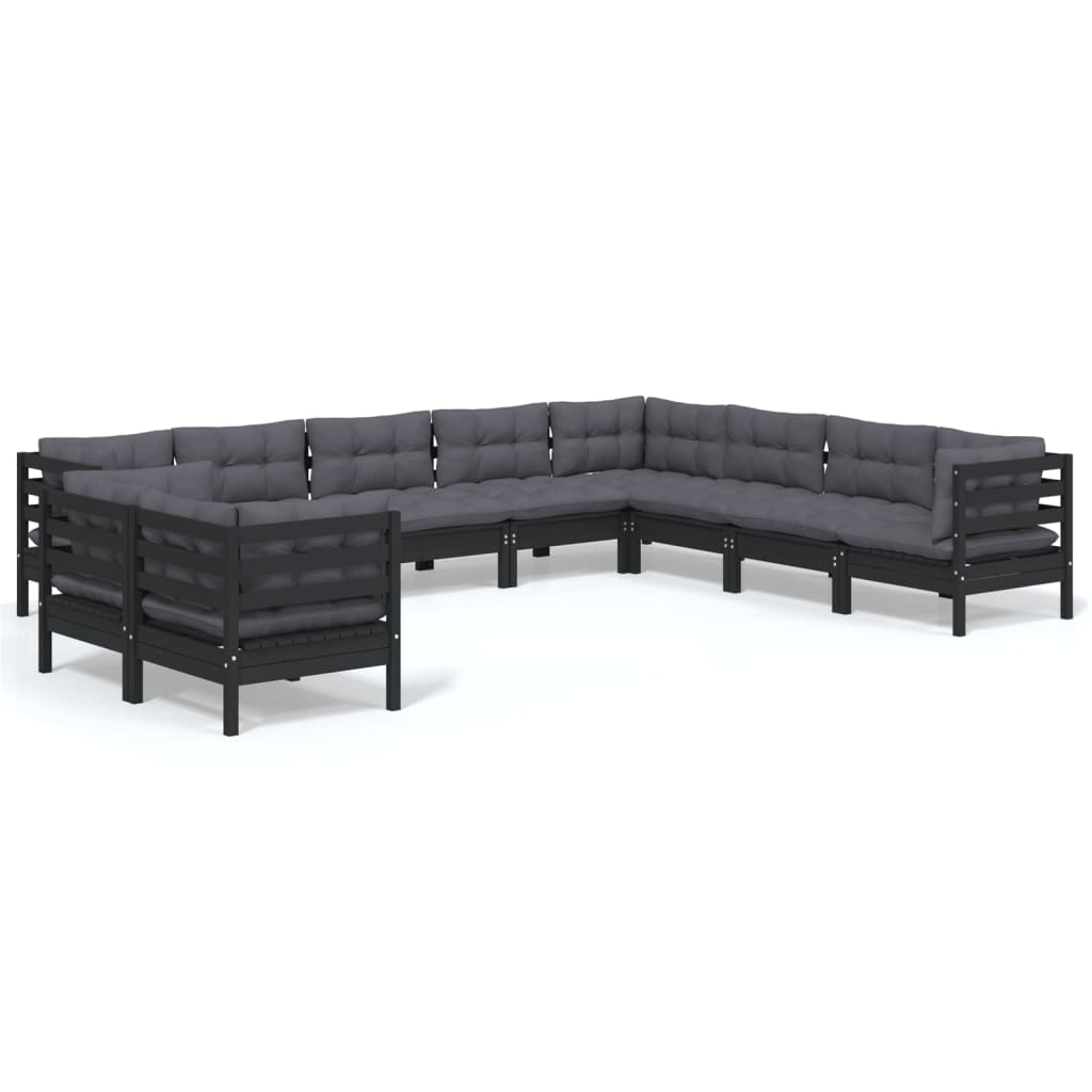 10 pcs garden furniture with black pine wood cushions