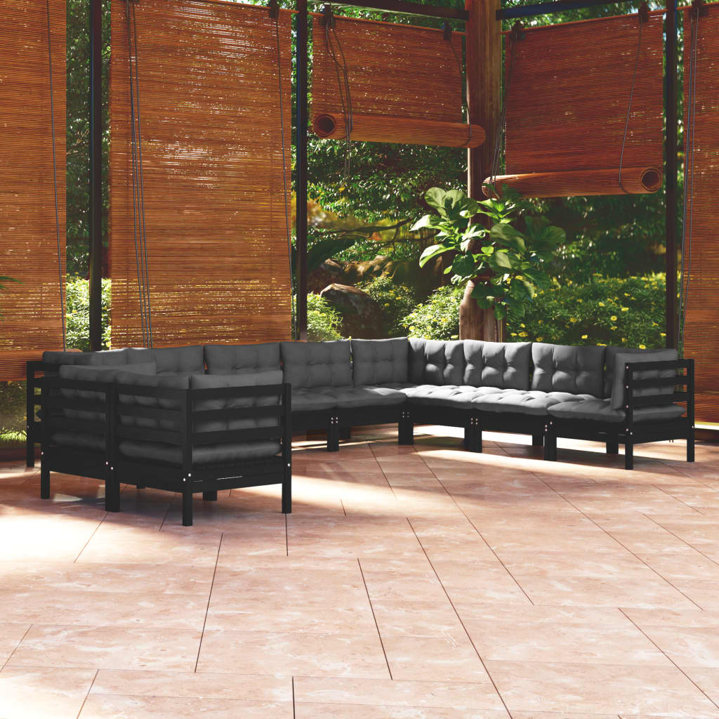 Salon de jardin 10 pcs avec coussins Noir Bois de pin solide