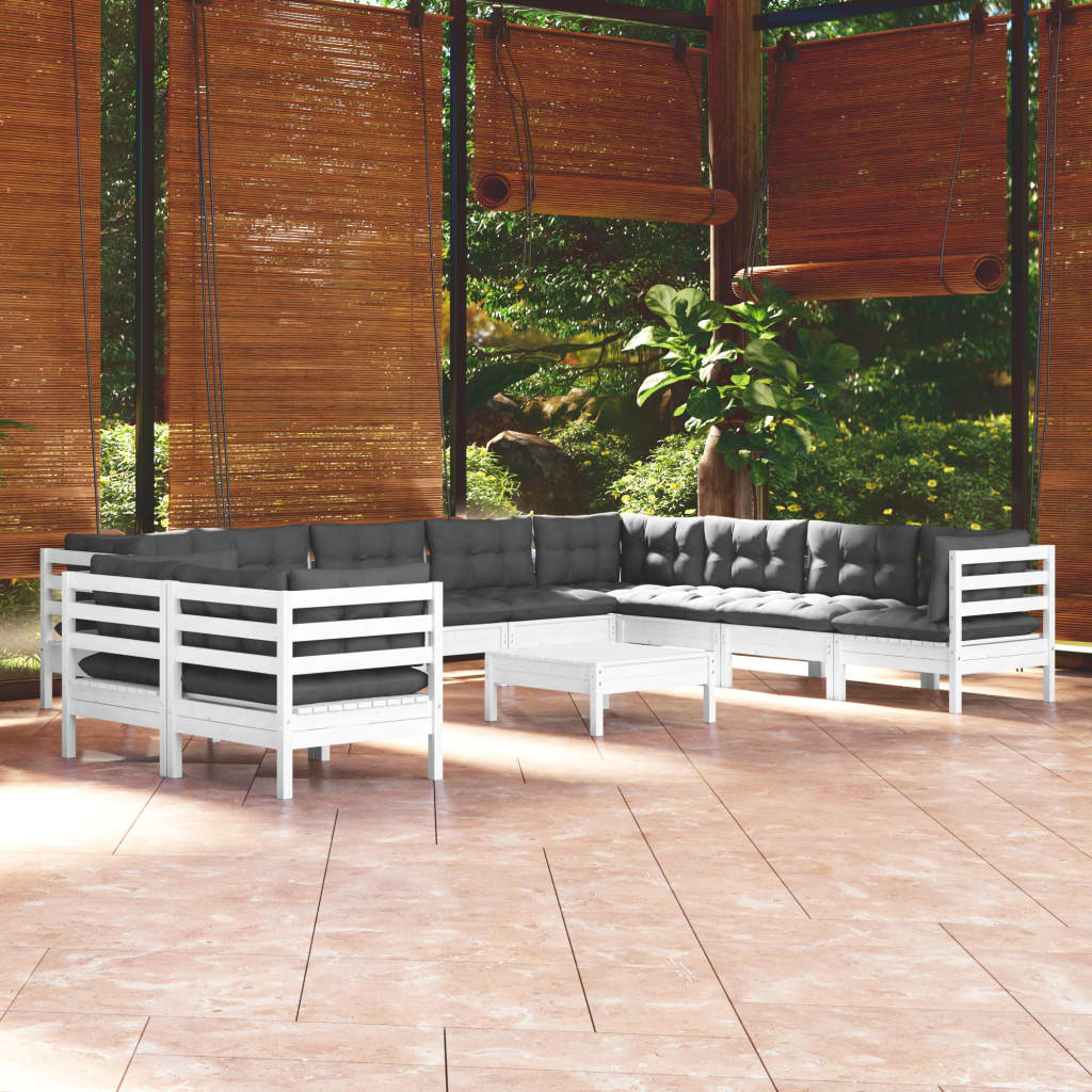 Salon de jardin 11 pcs avec coussins blanc bois de pin solide