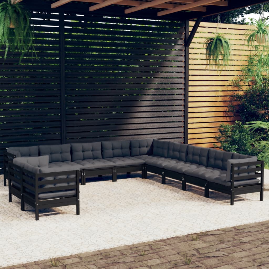 Salon de jardin 11 pcs avec coussins Noir Bois de pin massif