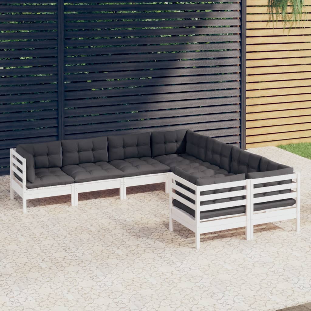 Salon de jardin 8 pcs avec coussins blanc bois de pin massif