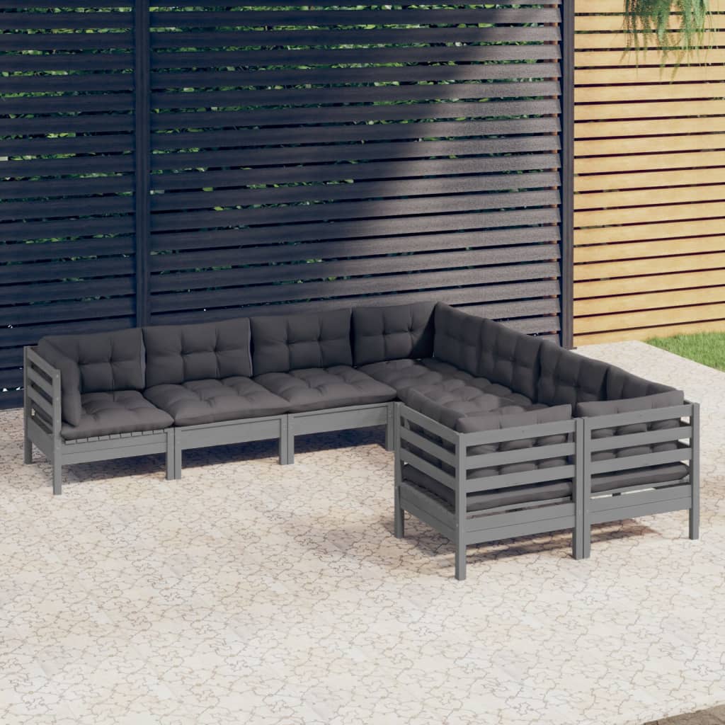 8 pcs garden furniture with solid gray pine wood cushions