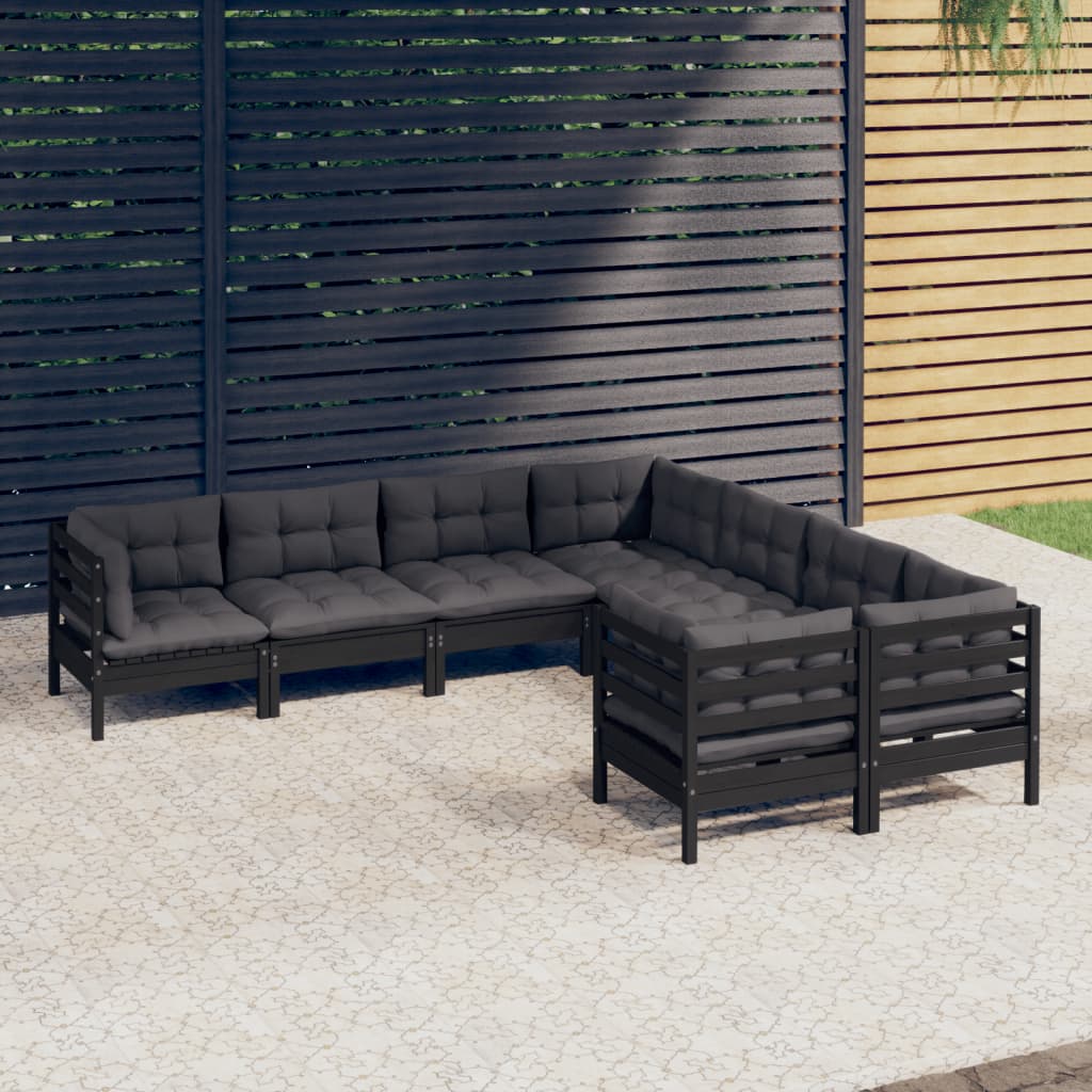 Salon de jardin 8 pcs avec coussins Noir Bois de pin massif