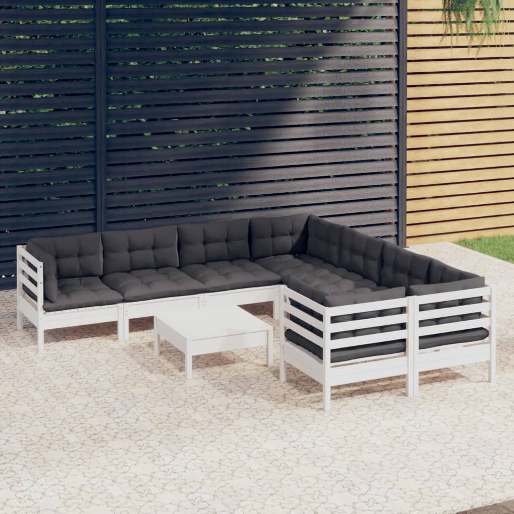 Salon de jardin 9 pcs avec coussins blanc bois de pin