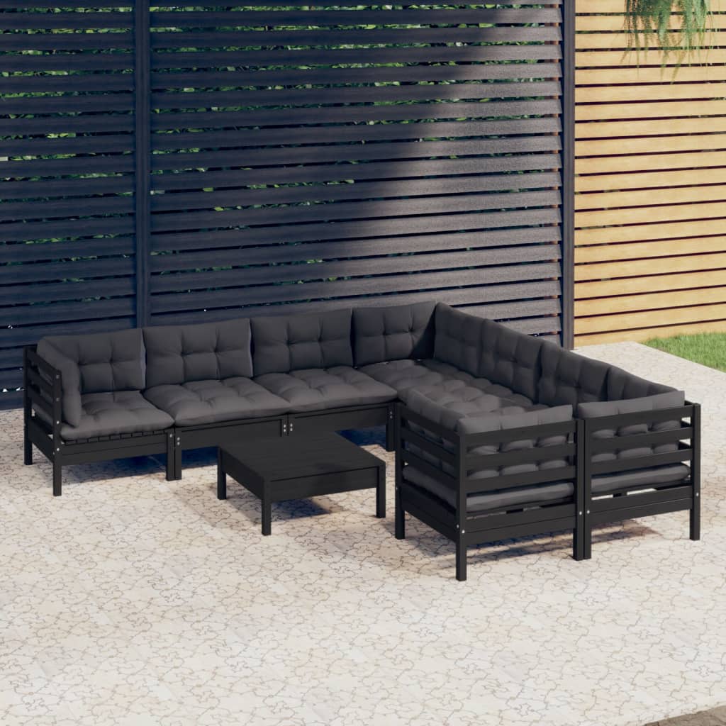 Salon de jardin 9 pcs avec coussins Noir Bois de pin