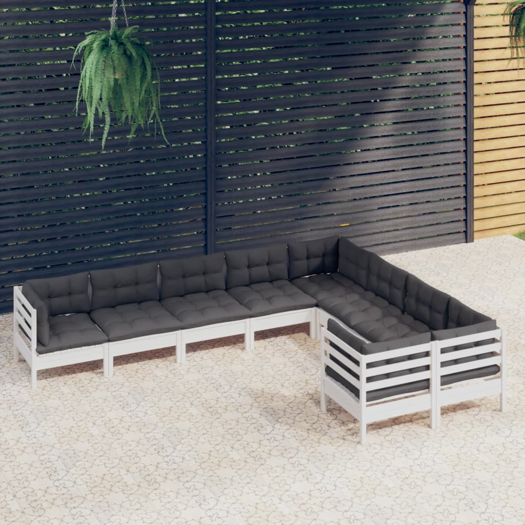 Salon de jardin 9 pcs avec coussins blanc bois de pin