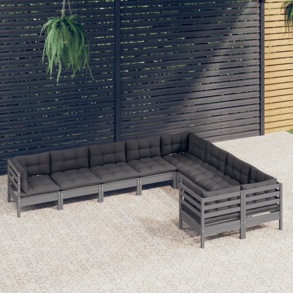 Salon de jardin 9 pcs avec coussins Gris Bois de pin