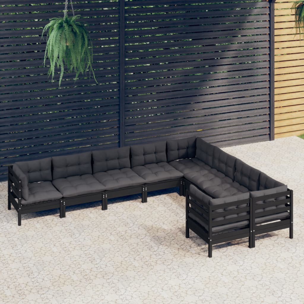 Salon de jardin 9 pcs avec coussins Noir Bois de pin