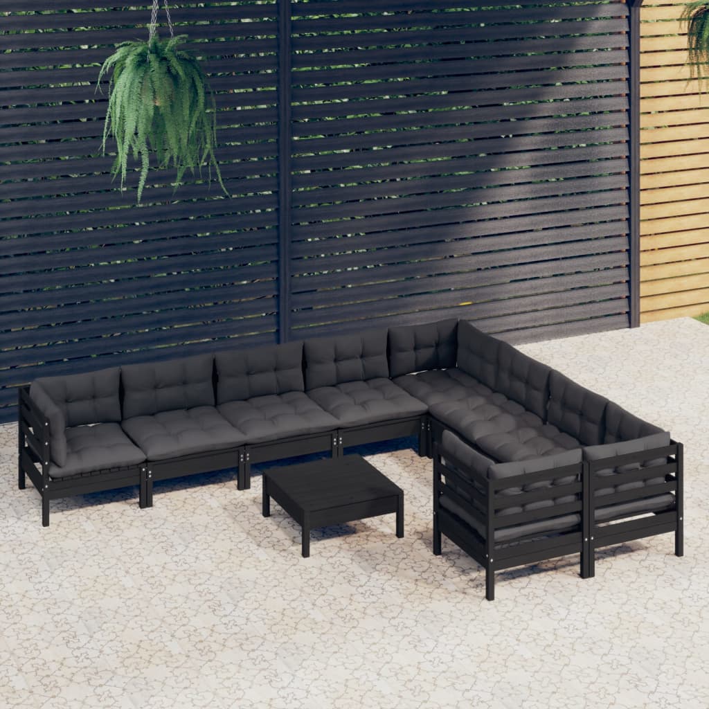 Salon de jardin 10 pcs avec coussins Noir Bois de pin