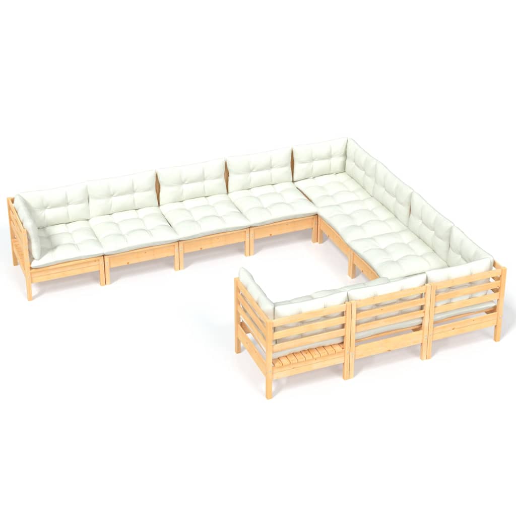 10 pcs garden furniture with solid wood pine cream cushions