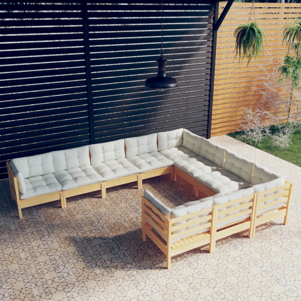 Mobili da giardino 10 pezzi con cuscini color crema. Legno di pino massiccio