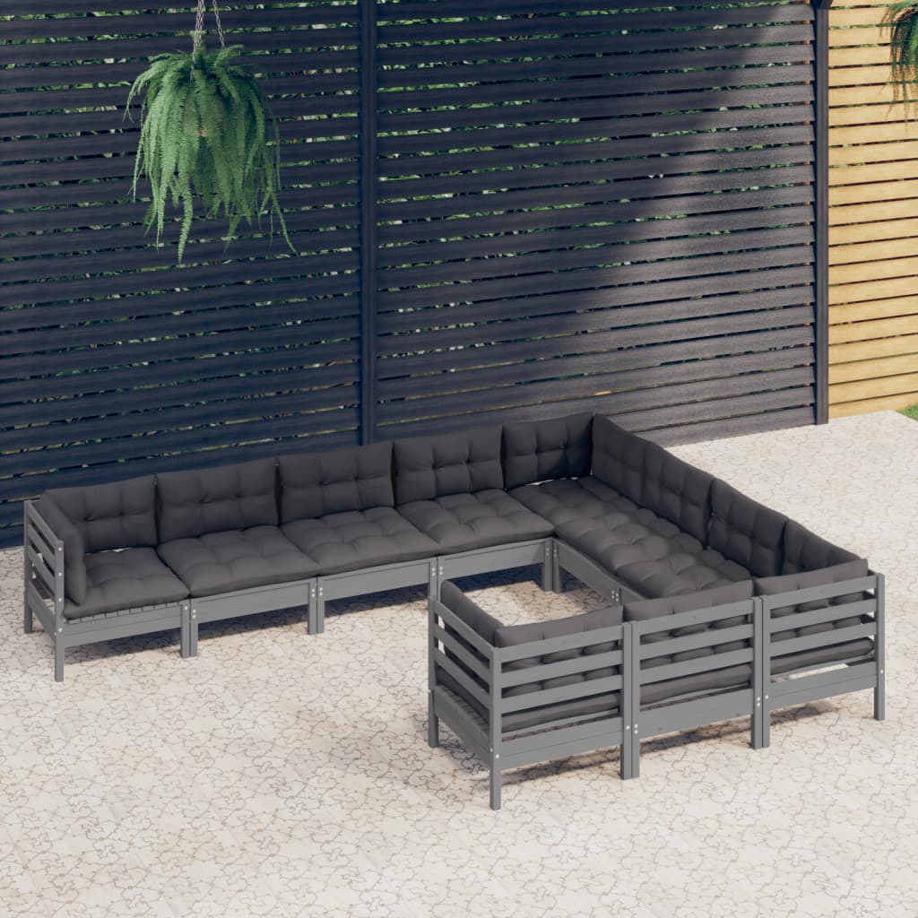 Salon de jardin 10 pcs avec coussins Gris Bois de pin