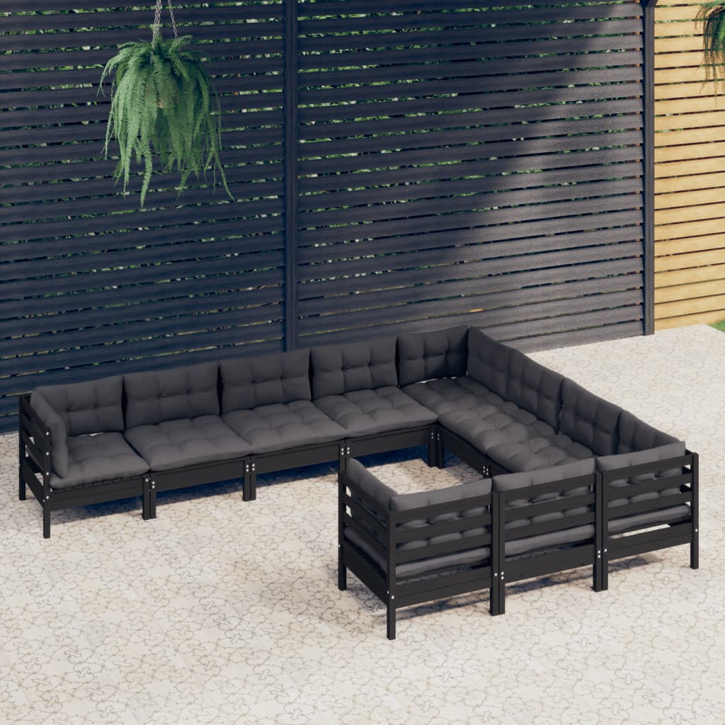 Salon de jardin 10 pcs avec coussins Noir Bois de pin