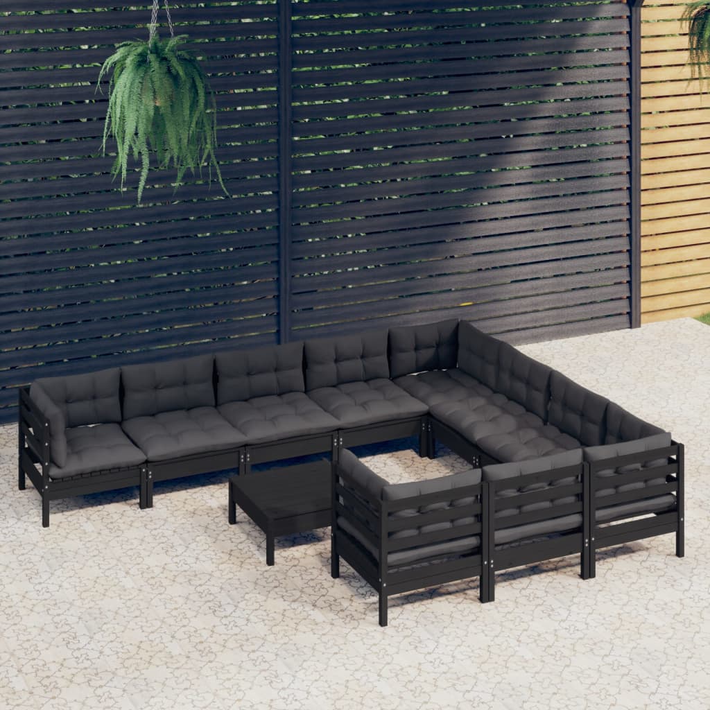 Salon de jardin 11 pcs avec coussins Noir Bois de pin