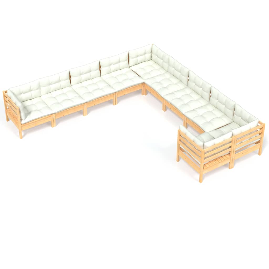 Mobili da giardino 10 pz. con cuscini color crema. Legno di pino