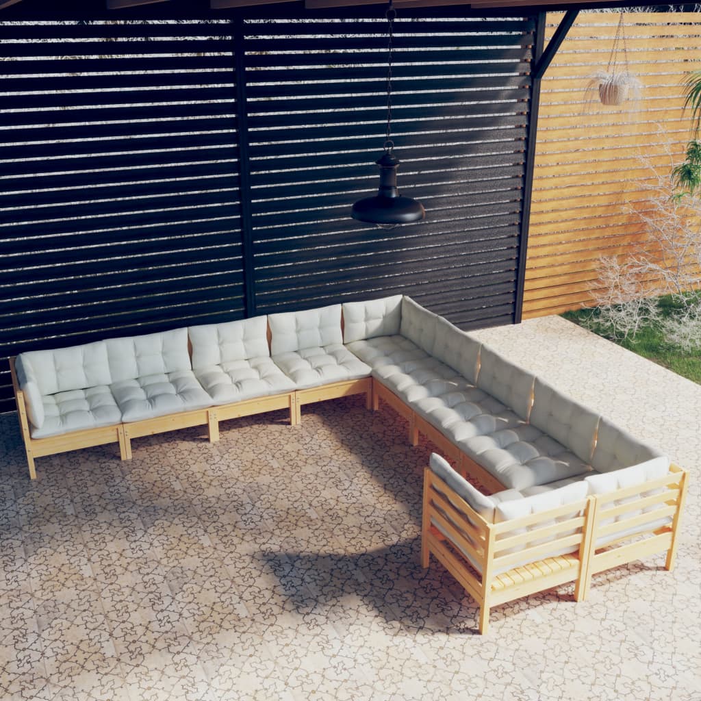 Mobili da giardino 10 pz. con cuscini color crema. Legno di pino