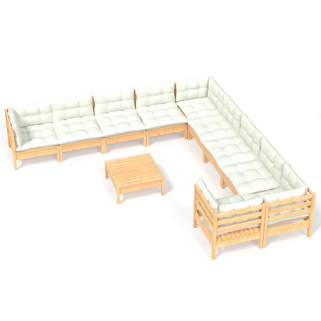 Garden furniture 11 pcs with pine wood cream cushions