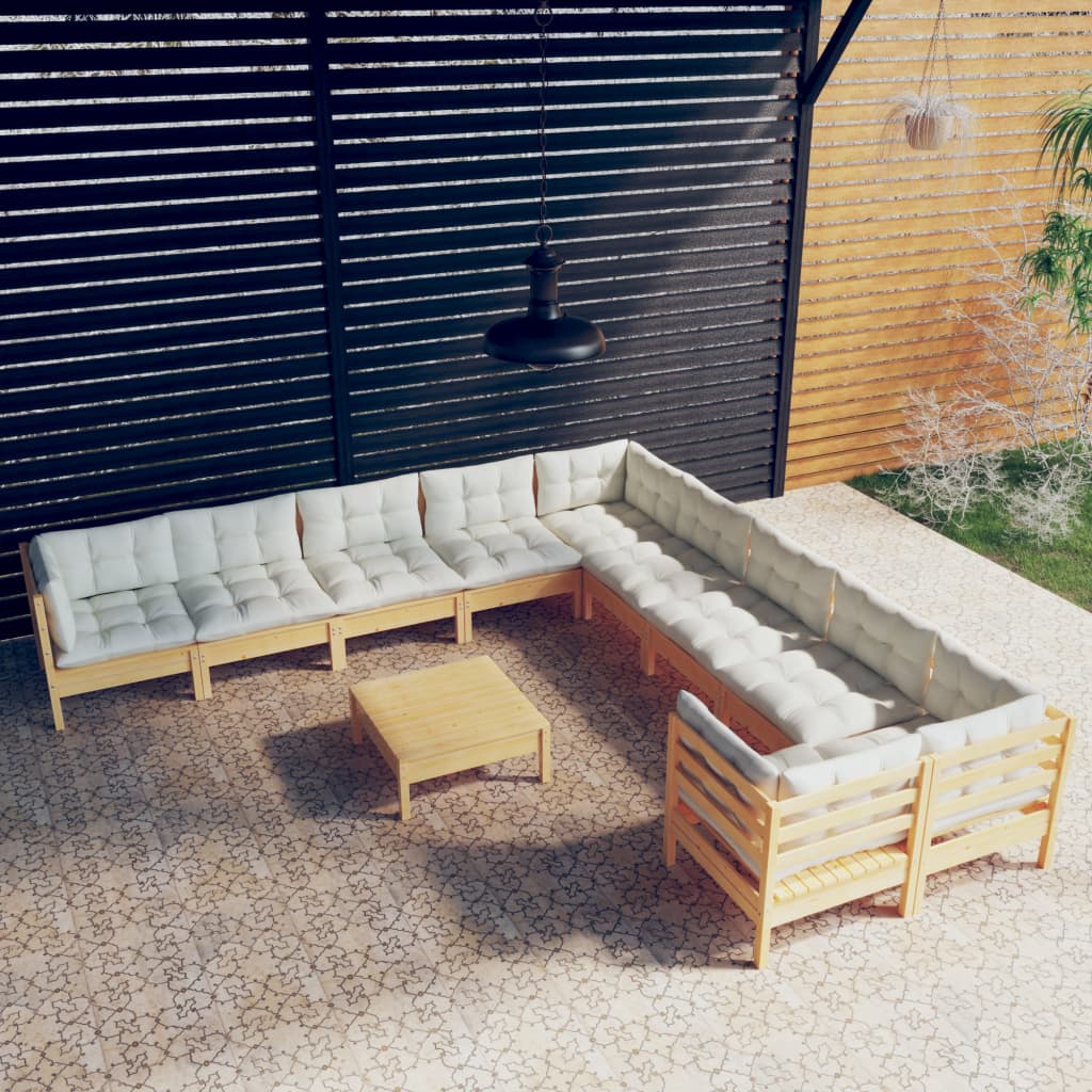 Garden furniture 11 pcs with pine wood cream cushions