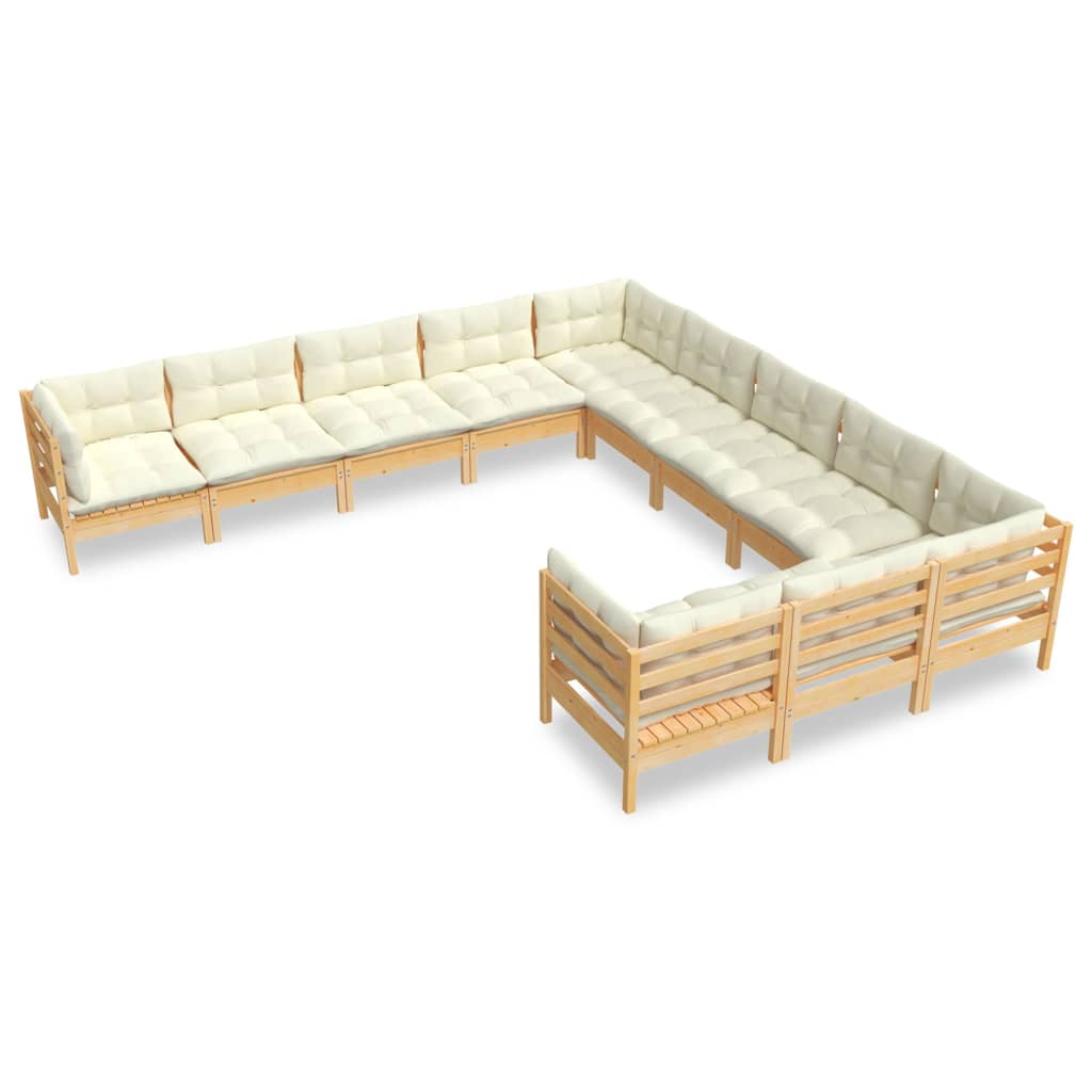 Garden furniture 11 pcs with pine wood cream cushions