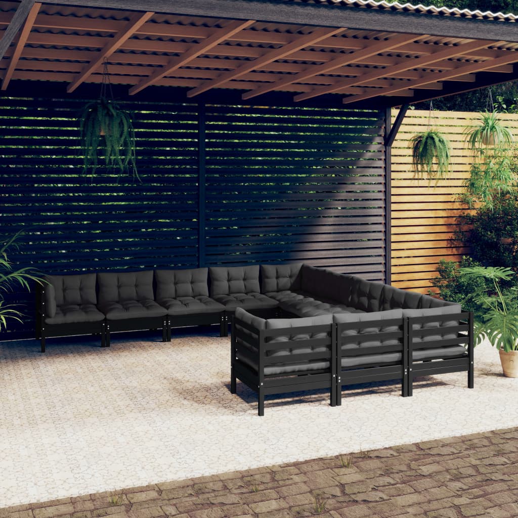 Salon de jardin 11 pcs avec coussins Noir Bois de pin