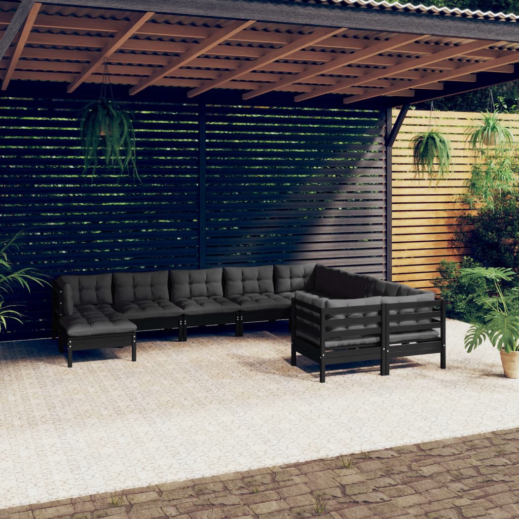 Salon de jardin 10 pcs avec coussins Noir Bois de pin