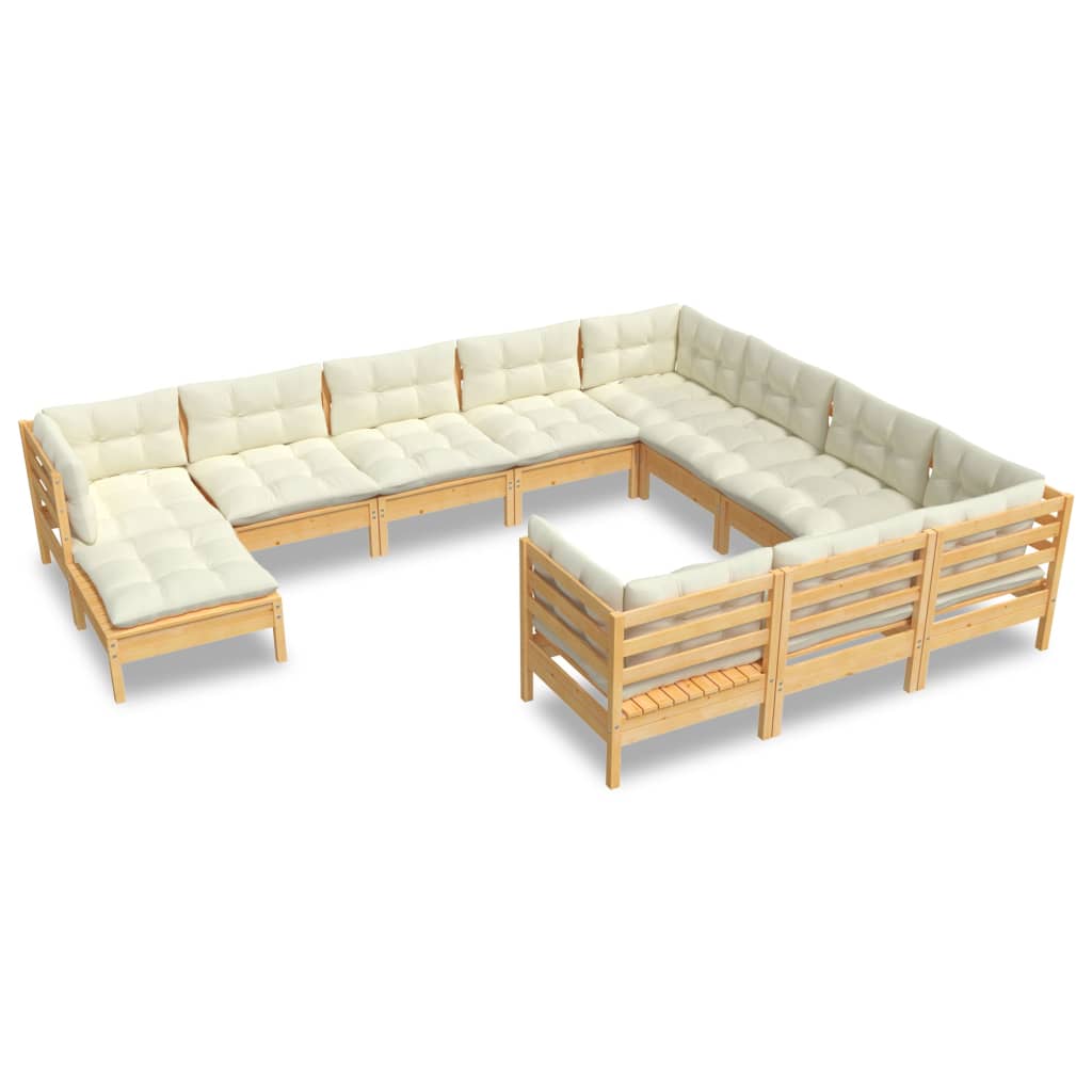 Garden furniture 11 pcs with pine wood cream cushions