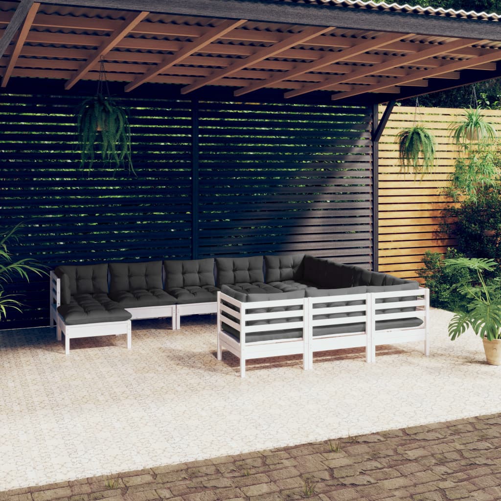 Salon de jardin 11 pcs avec coussins blanc bois de pin